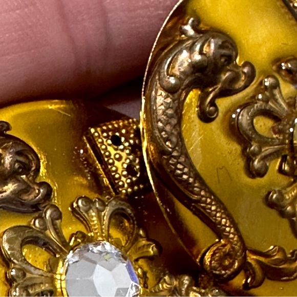 Vintage Patti Horn Gold Tone Round Clip On Earrings Signed Center Rhinestone - Picture 10 of 11